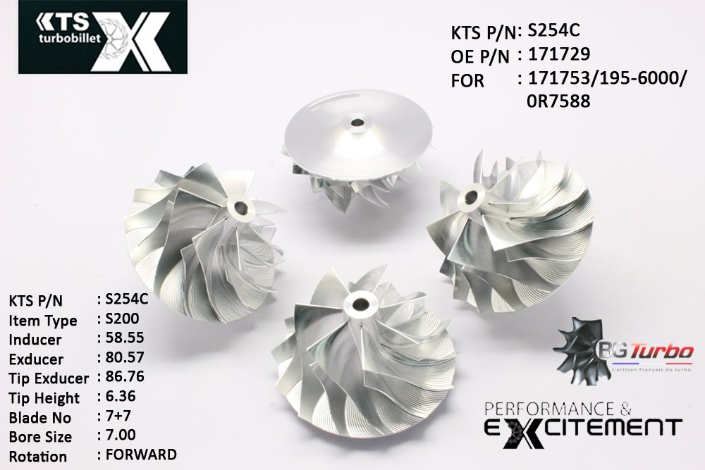 Turbo ROUE FORGÉE MFS PERFORMANCE - 7+7 PALES - INDUCER : 58,55 - EXDUCER : 80,57 - TYPE : S200ANGLE : 60° - ROTATION : Forward - SUPER BACK : 5,78 - BORE SIZE : 7

